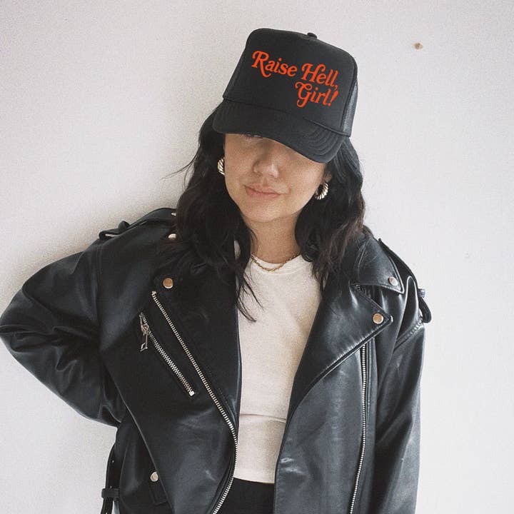 WE THE BABES - Wholesale Trucker Hat - Women's - Raise Hell Girl Feminist Girl Power Trucker Hat - Black