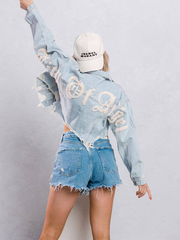 Trio Urban - Vente Veste en jean – femme - Veste en jean court à imprimé crème City of Angels10