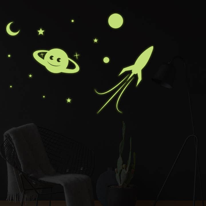Glowing Planet Rocket, Stars, Moon Ceiling Sticker - Glow in the Dark Wall Decal for wholesale by Decords