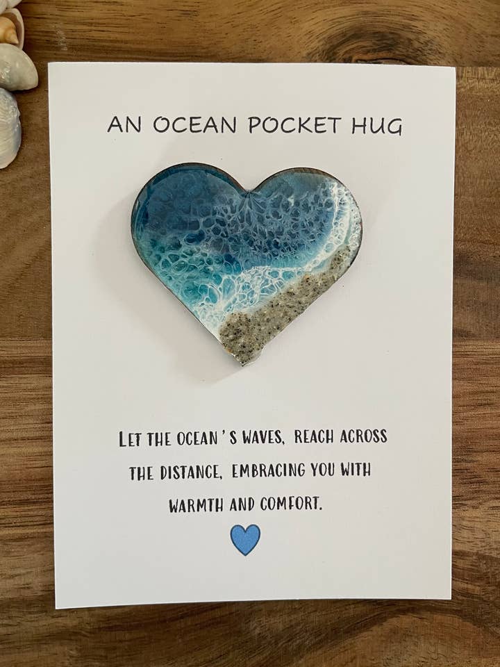 Ocean Pocket Hug Card - Beach Theme Sand and Resin Heart for wholesale by Flow Art Studios