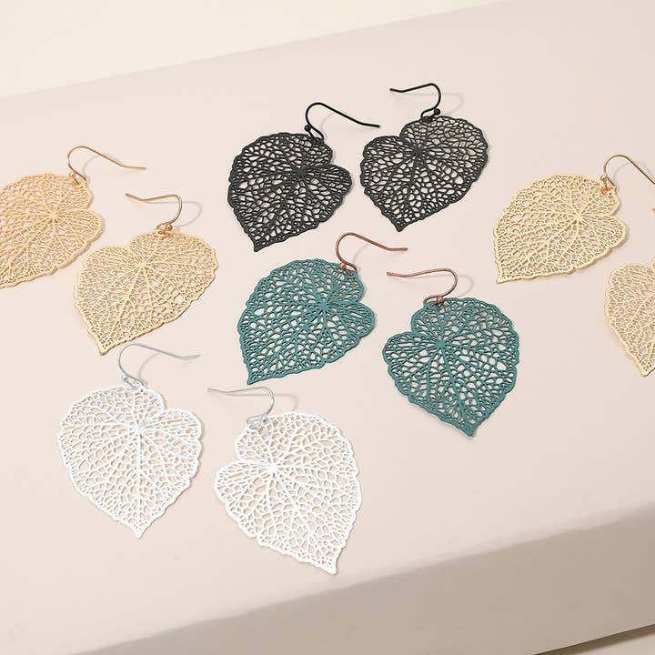 Metal Filigree Leaf Dangle Earrings for wholesale by Sensibling Corp.