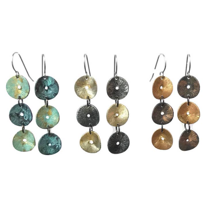Flying Saucers patina disc drop Earrings for wholesale by Tactile Melodies