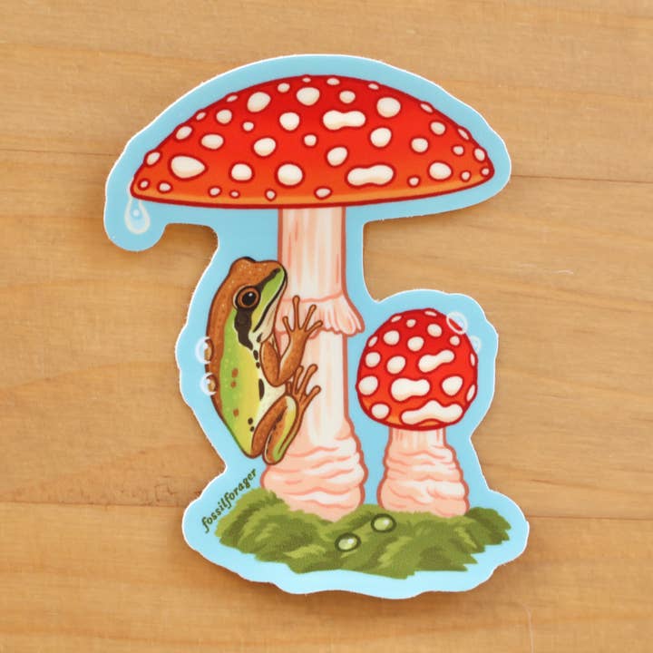 Fly Agaric & Pacific Tree Frog Sticker for wholesale by Fossil Forager