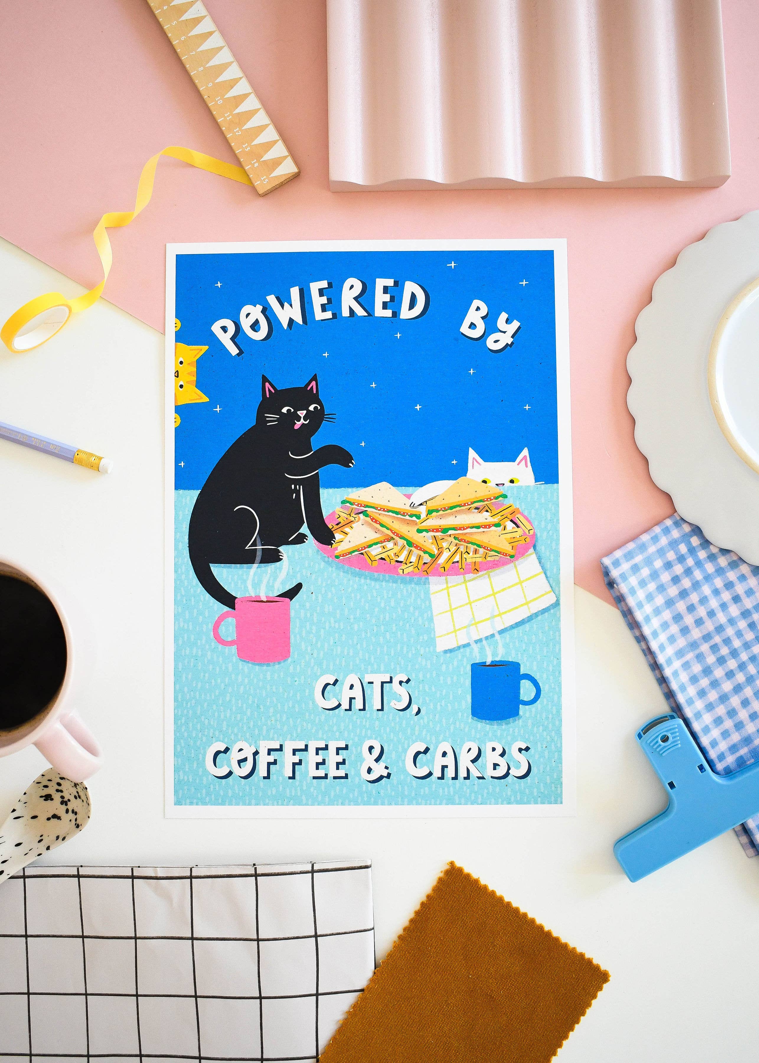 Nat Ellis Illustration – wholesale Art print – Powered By Coffee, Carbs & Cats  – A4 Heavyweight Art Print0