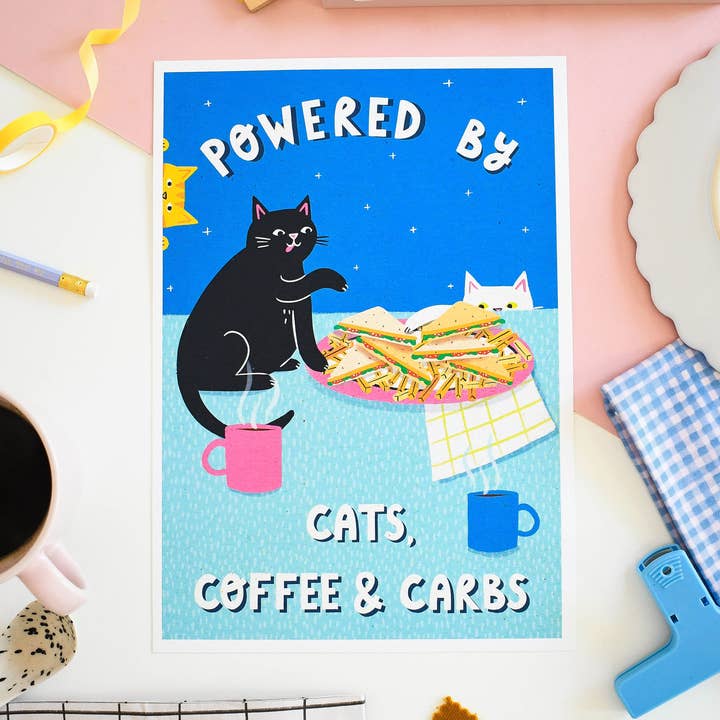 Nat Ellis Illustration – wholesale Art print – Powered By Coffee, Carbs & Cats – A4 Heavyweight Art Print0