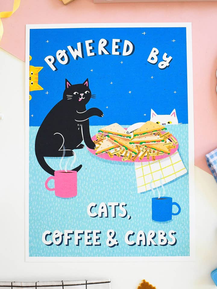 Powered By Coffee, Carbs & Cats – A4 Heavyweight Art Print for wholesale by Nat Ellis Illustration