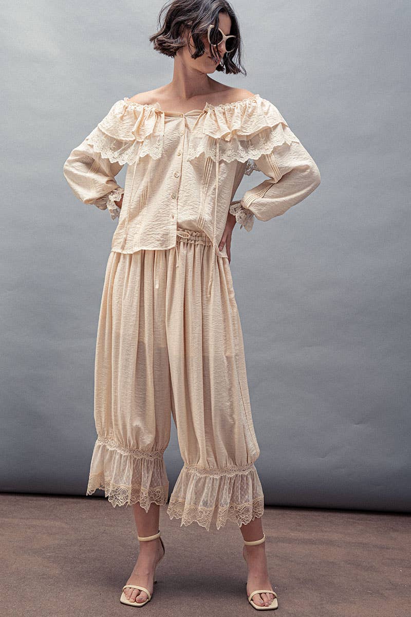 Urban Daizy - Wholesale Blouse - Women's - Lace Trim Ruffle Tie Neck Spring Blouse Top24