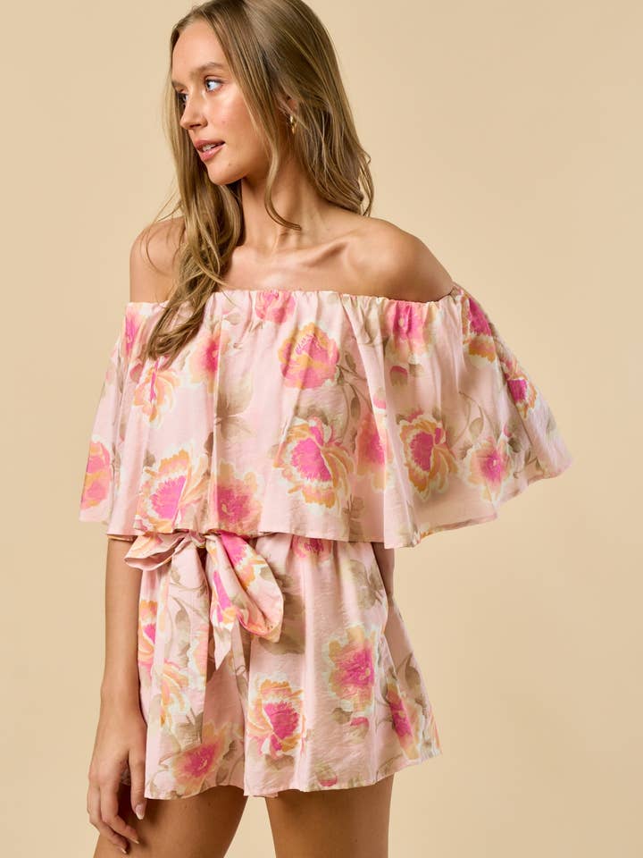 ILR1862-1 Floral Off Shoulder Layered Romper for wholesale by Lalavon