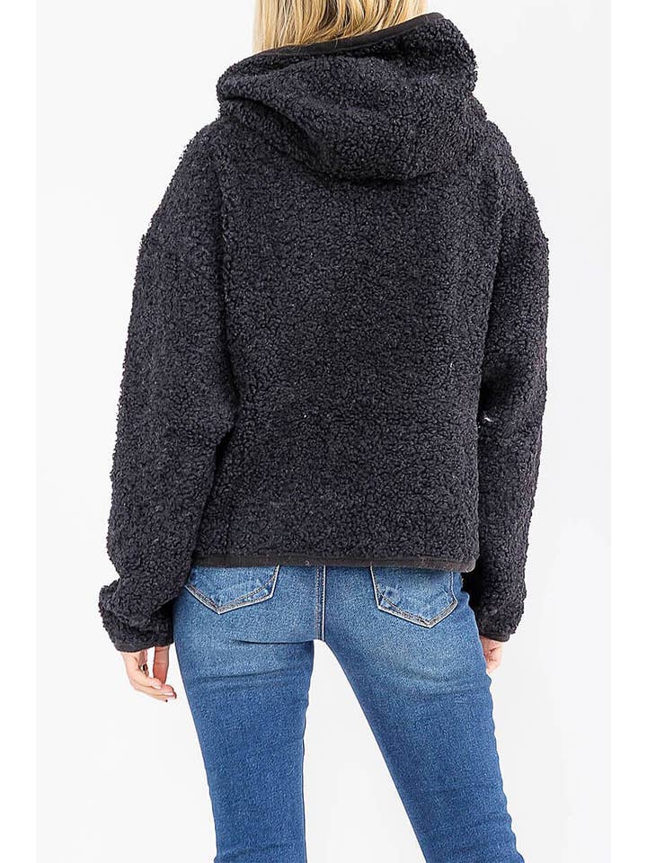 ROUSSEAU - Wholesale Jacket - Women's - SOLID SHERPA HOODED ZIP UP POCKET FRONT JACKET2