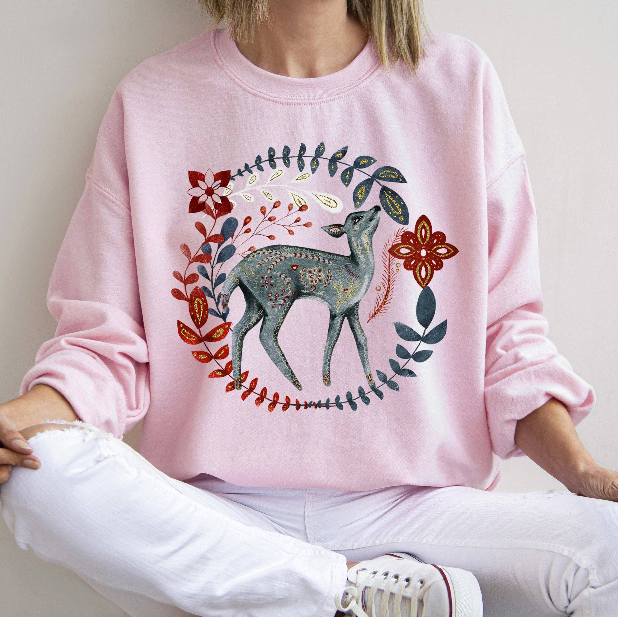 Refinery Number One LLC – wholesale Graphic sweatshirt – Women’s – Deer Folk Art Scandinavian Christmas Sweatshirt6