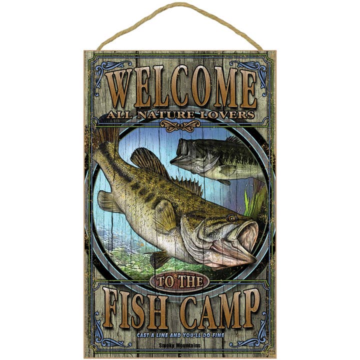 Fish Camp (Bass) Welcome 10" x 16" rustic wood plaques, sign for wholesale by SJT Enterprises, Inc.
