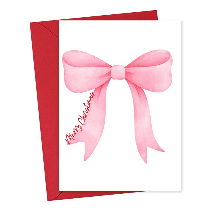 Coquette Christmas Card 2025 Pink Bow Feminine Holiday Cards for wholesale by R is for Robo