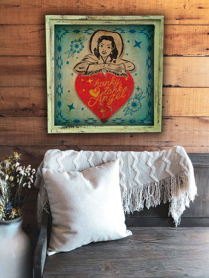 HonkyTonk Angel - Œuvre d'art carrée encadrée pour la vente par TroubleMaker Trading Company
