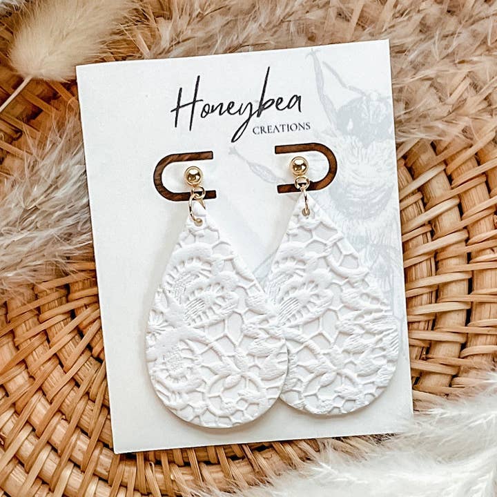 White Lace | Handmade Polymer Clay Earrings for wholesale by Honeybea Creations WI