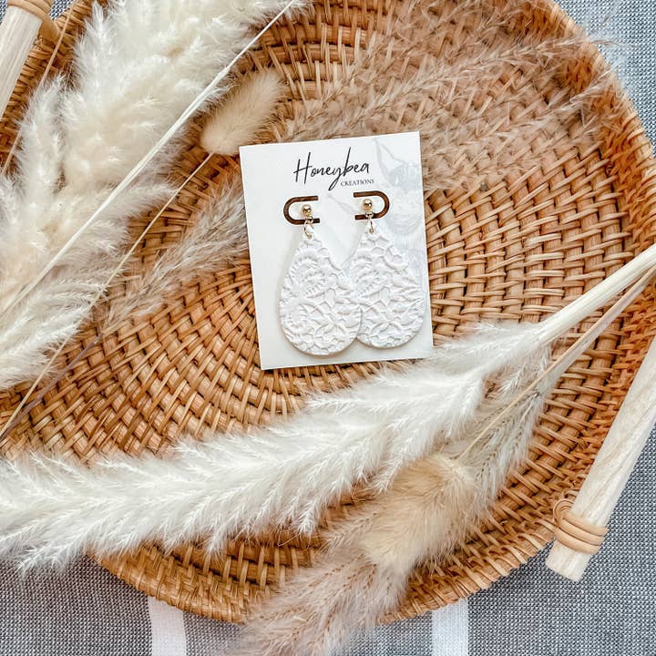 White Lace | Handmade Polymer Clay Earrings for wholesale by Honeybea Creations WI