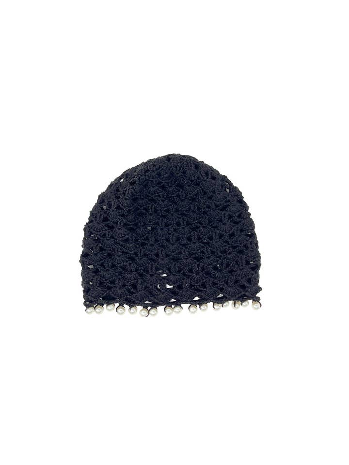 Black wool crocheted bonnet hat with pearls per la vendita all'ingrosso da parte di Tétè Accessories
