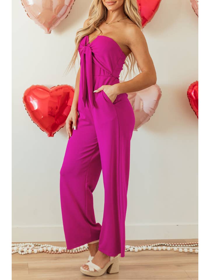 Bright Pink Bow Strapless Wide Leg Jumpsuit for wholesale on Faire