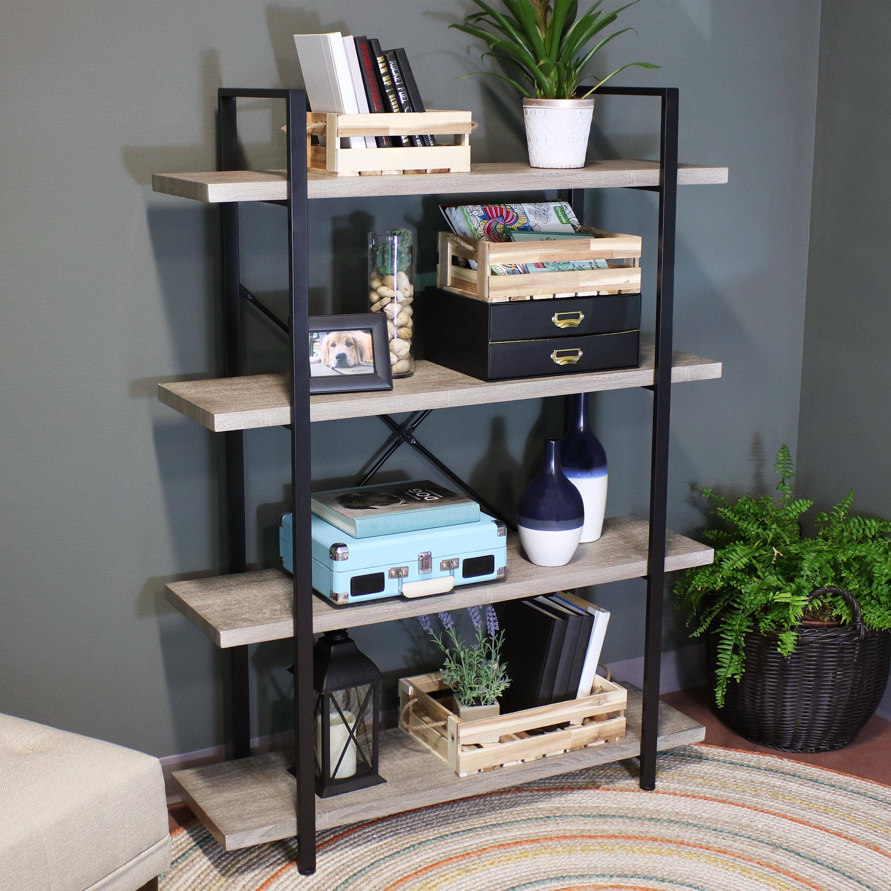 Sunnydaze Decor - Wholesale Bookcase - 4-Tier Industrial Open-Shelf Bookshelf - Oak Gray4