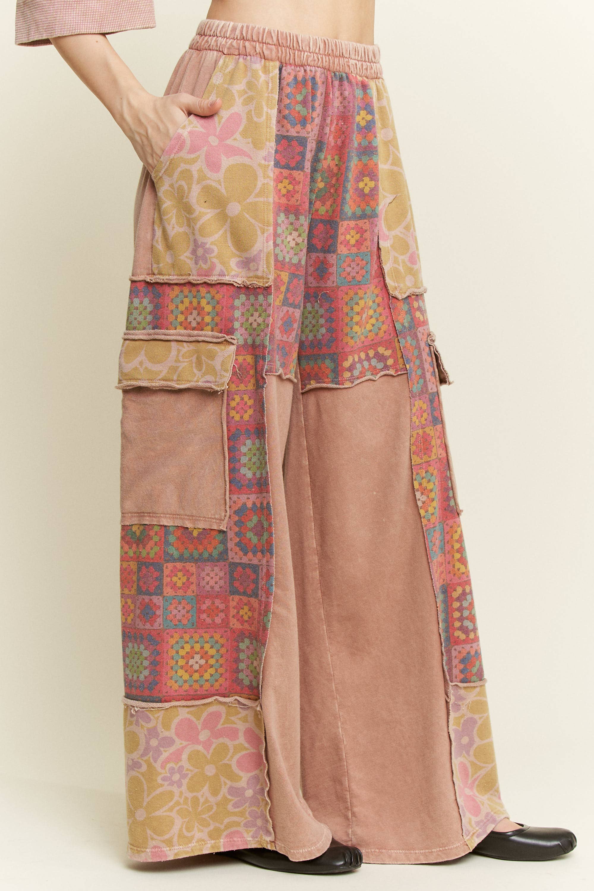 J.Her - Wholesale Pants - Women's - MineralWash Boho Crochet Floral Printed Pants HP575823