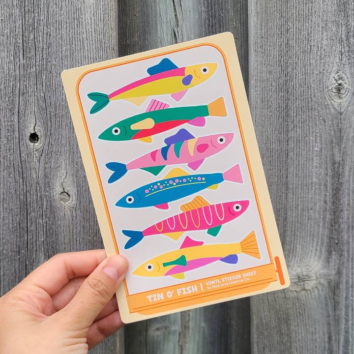 Tin O' Fish Sticker Sheet for wholesale by Mad Love Creative Co.