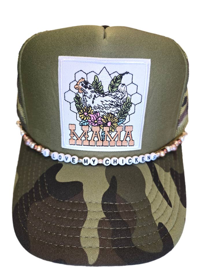 Chicken Mama Patch Trucker Hat with Love My Chickens Beaded Chain for wholesale by Patchwrx Customs Hat Bar