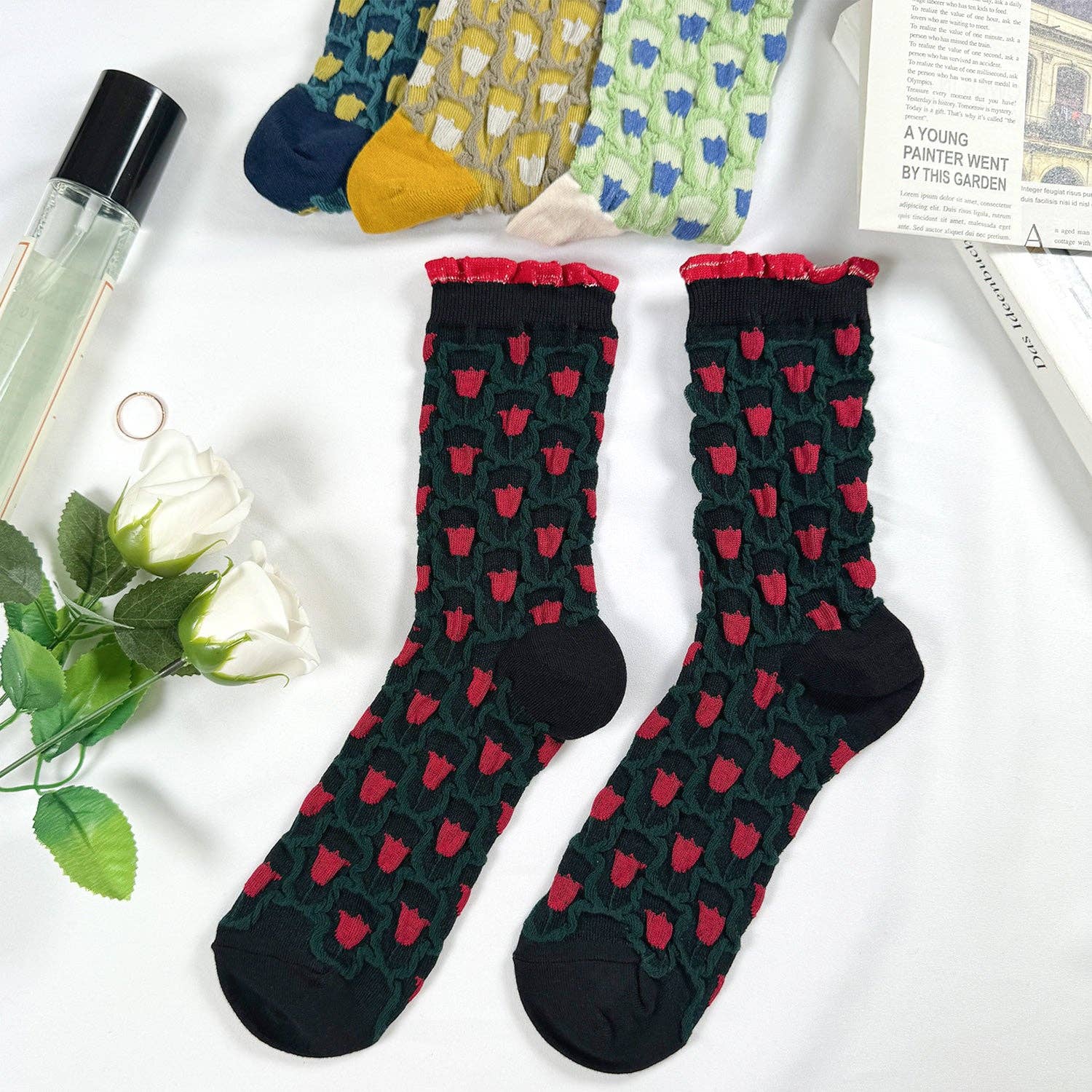 7DAYSSOCKS - Vente Chaussettes – femme - Chaussettes à volants pailletées fleuries pour femme12