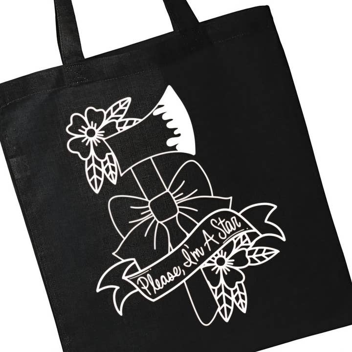 Venligst, jeg er en stjerne bue økse mulepose sort bomuld genanvendelig for engroshandel hos Printy Vibes