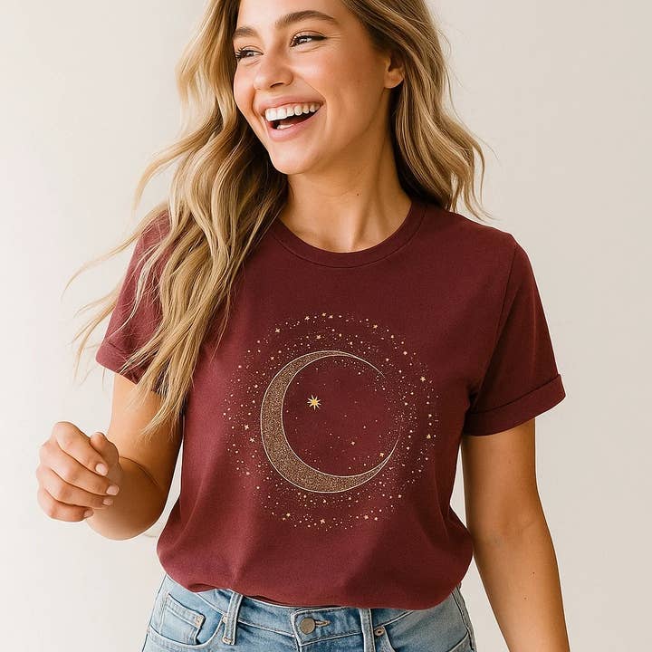 Celestial Moon Star Tee, Cosmic Graphic T-shirt, Cute for wholesale by Soleinspire