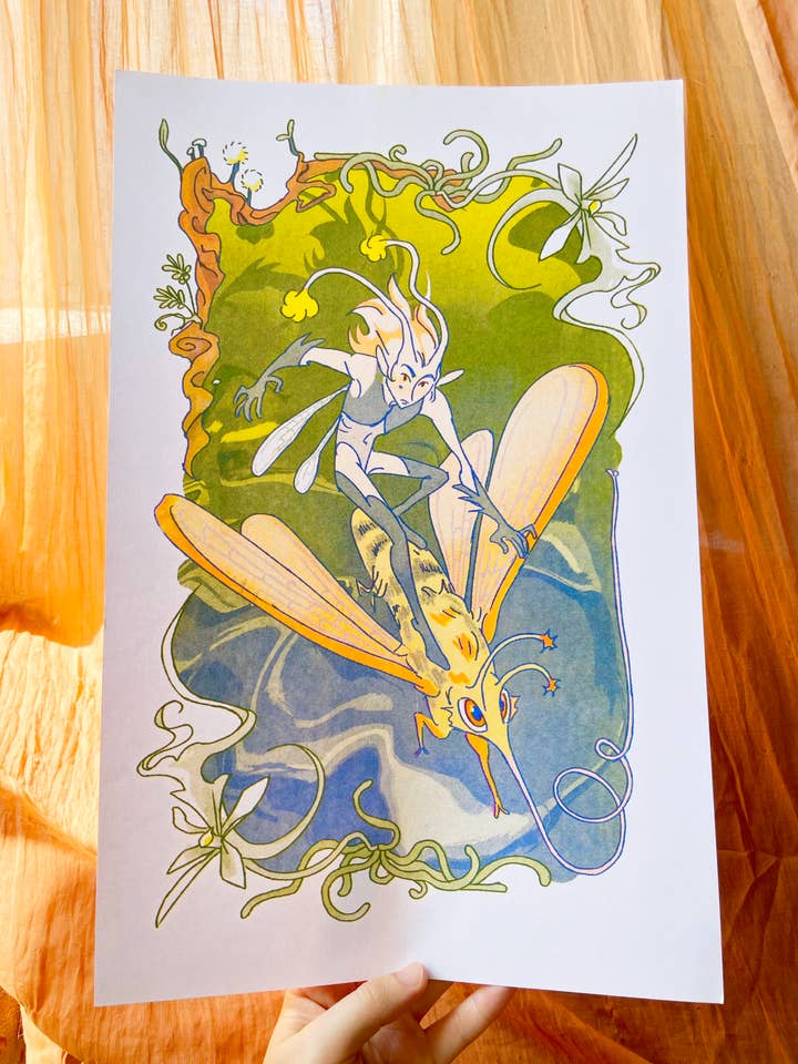 Sphinx Moth Fairy Riso Print for wholesale by coralroot