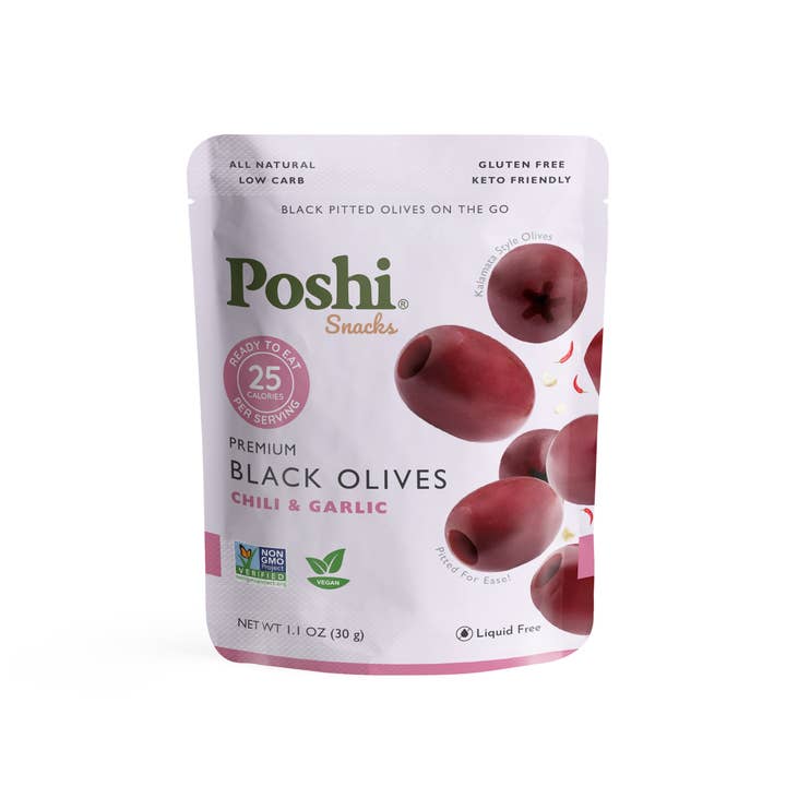 POSHI - Wholesale Olives - Poshi Snack - Chili & Garlic Pitted Black Olives 1.1oz/300ct