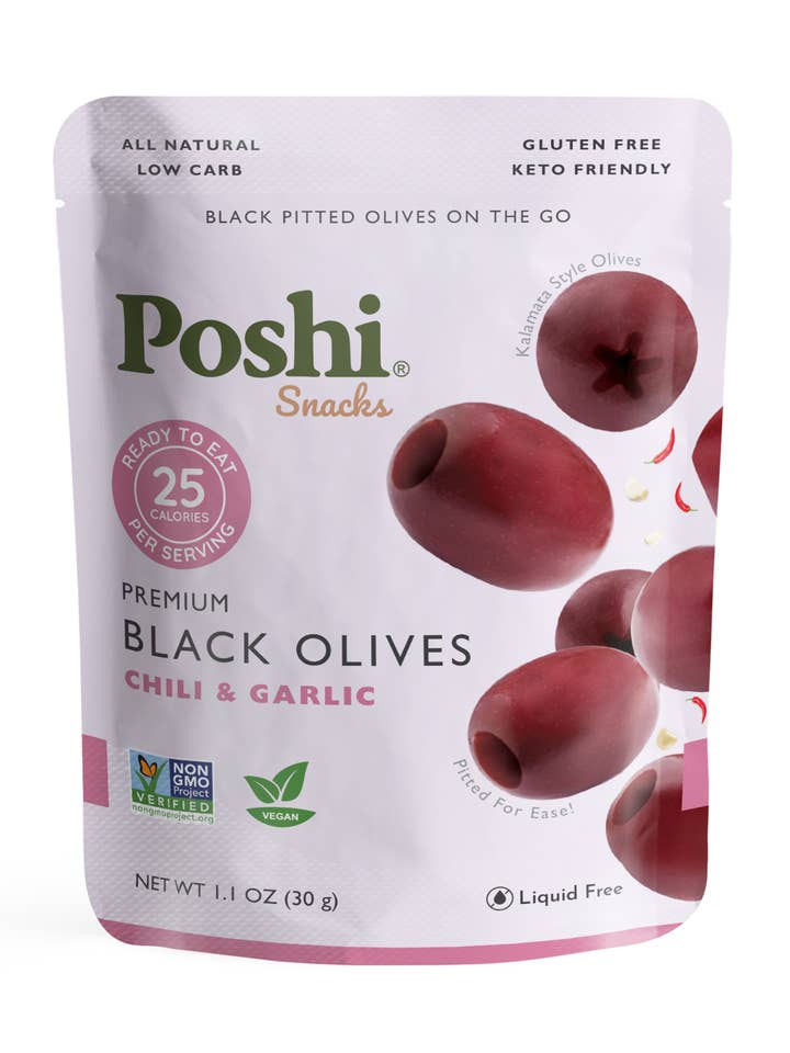 Poshi Snacks - Chili & Garlic Pitted Black Olives 1.1oz/10 for wholesale by POSHI