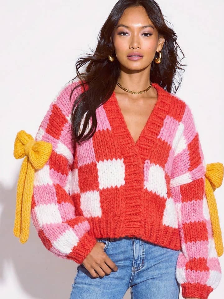 Red White Checked Pattern with Big Bow design Hand Knit for wholesale by CY FASHION. LONDON