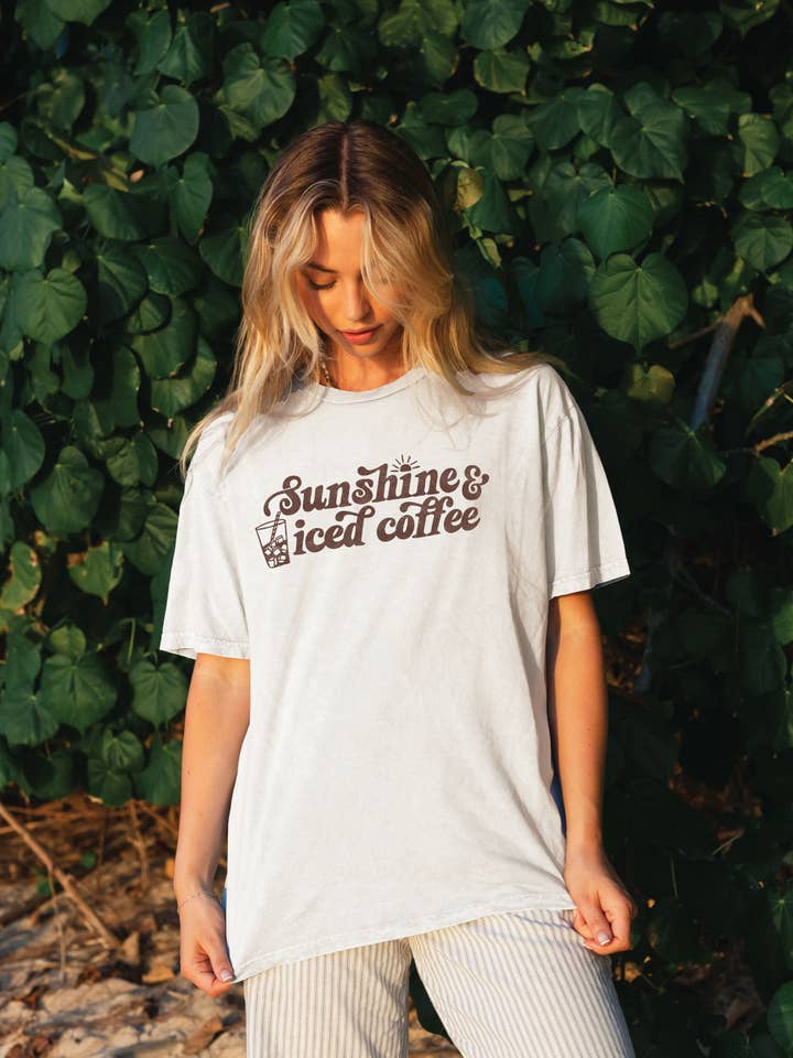 SUNSHINE AND ICED COFFEE Mineral Washed Graphic Top for wholesale by OAT COLLECTIVE