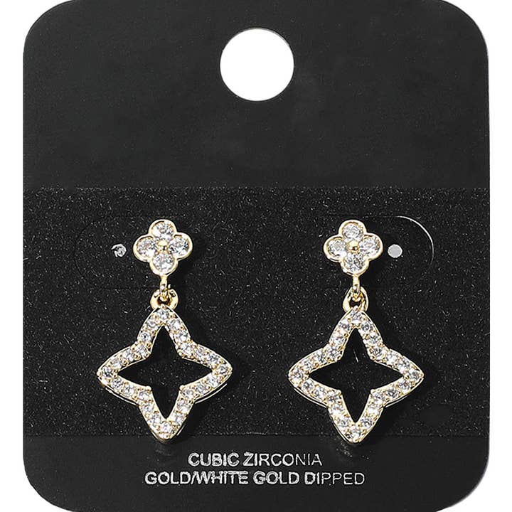 Gold Dipped CZ Paved Quatrefoil Open Clover Dangle Earrings for wholesale by Sensibling Corp.