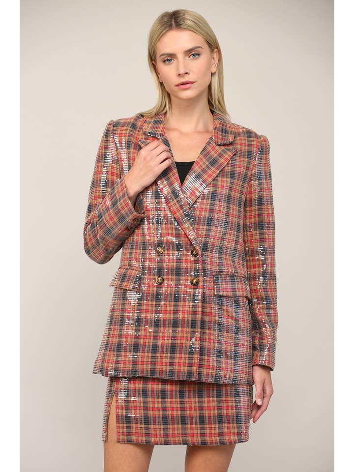 RED NAVY PLAID SEQUIN DOUBLE BREASTED BLAZER FJ74003 for wholesale on Faire