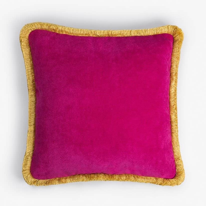 Lo Decor - Vente Coussin décoratif - Coussin Happy en velours fuchsia avec franges rouges6