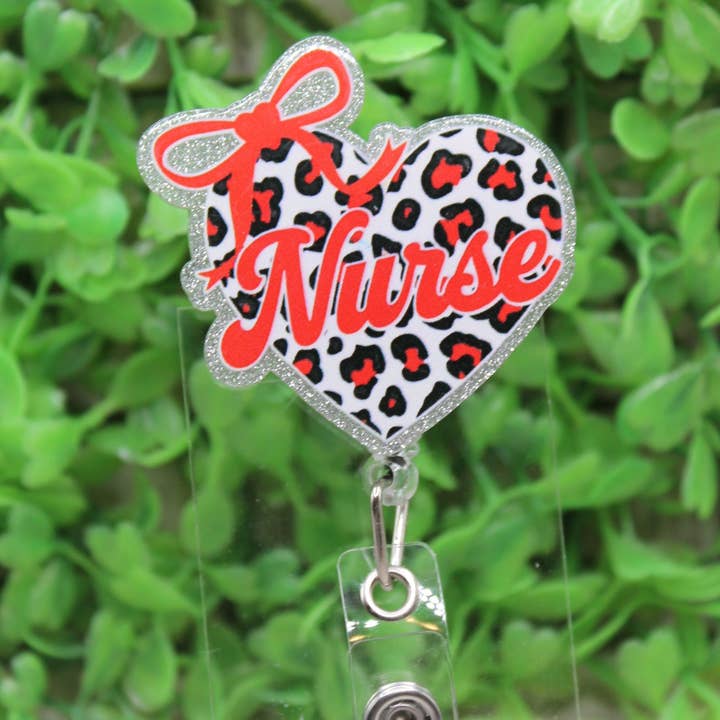 Nurse Leopard Heart with Bow Badge/ID Holder Reel for wholesale by Hylidae Boutique