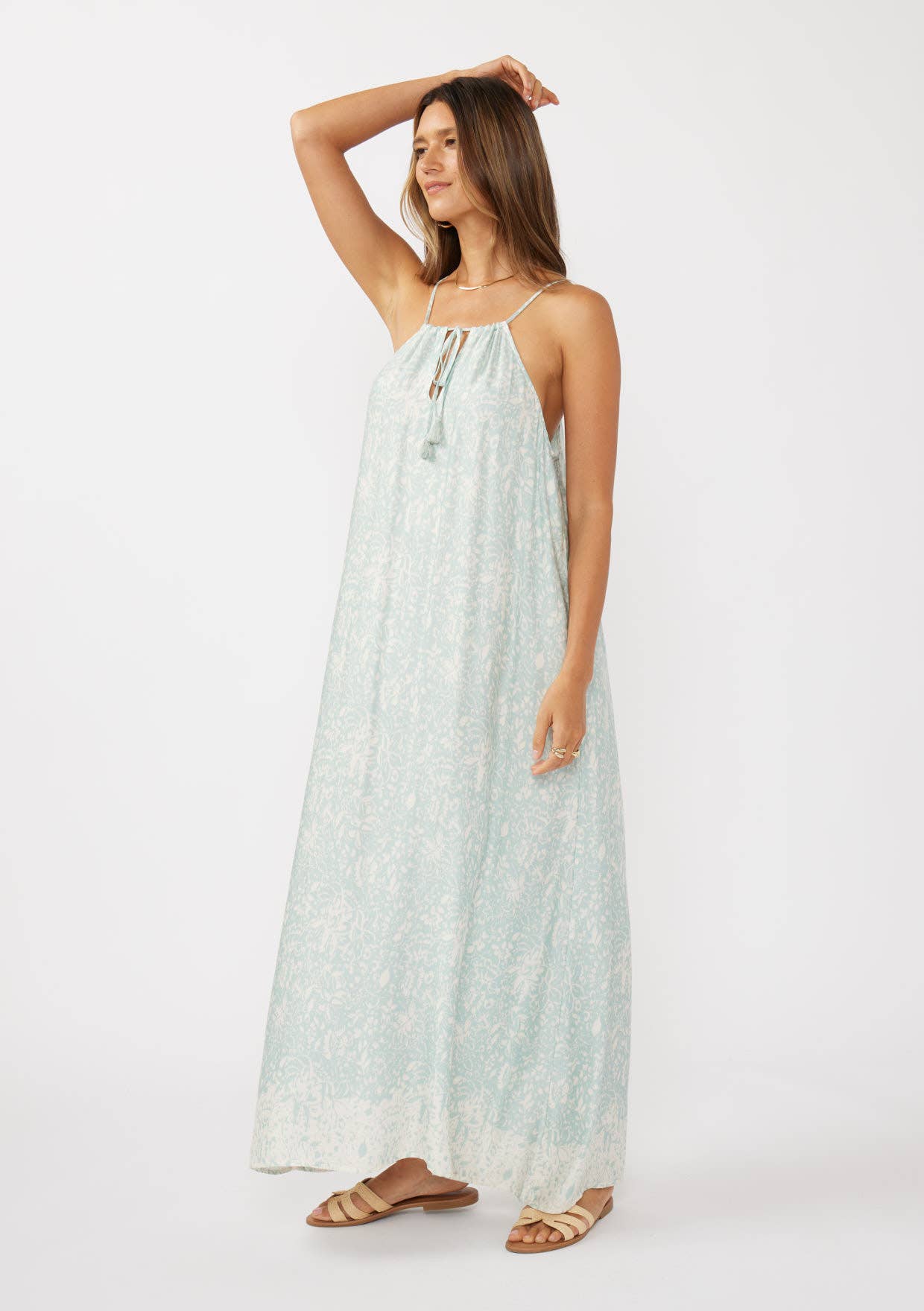 Natural Dusty Blue Halter Neck Spaghetti Strap Maxi Dress with Tie for wholesale on Faire1