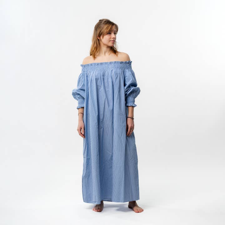 Pinstripe Hand Smocked All Natural Cotton Maxi Dress for wholesale by Nest Factory