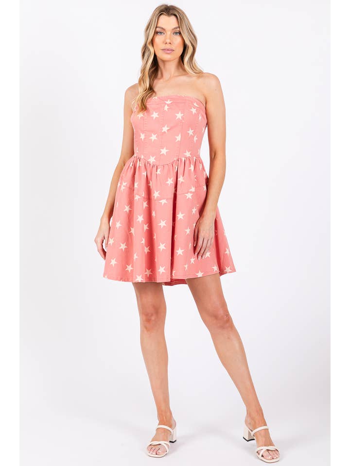 GeeGee x Lovelo - Wholesale Dress - Women's - Star Print Denim Mini Dress: MD506303