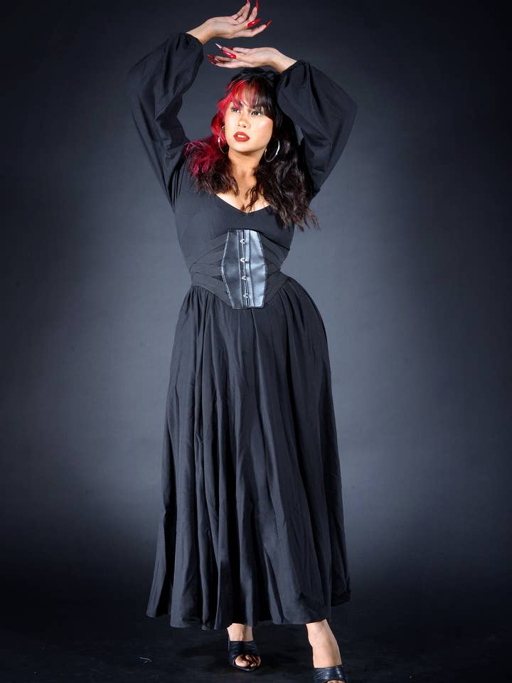 Lucrezia Renaissance Maxi Gown in Solid Black Stretch Crepe | Laura Byrnes for wholesale by Pinup Couture