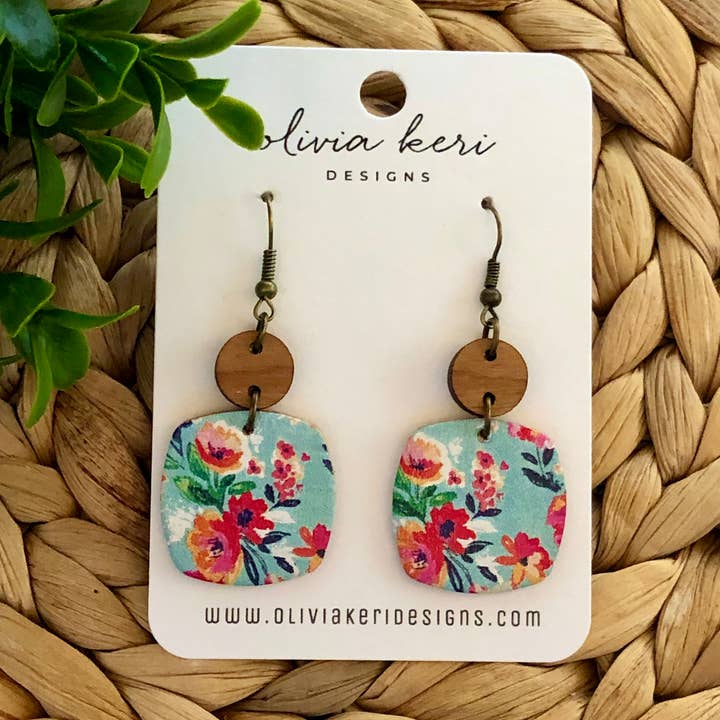 Nora - Bora Bora Floral Cork on Leather Dangle Earrings for wholesale by Olivia Keri Designs