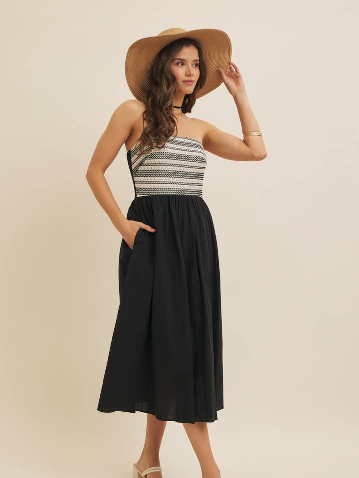 IVORY BLACK CROCHET CONTRAST TUBE TOP MIDI DRESS WITH POCKETS for wholesale on Faire