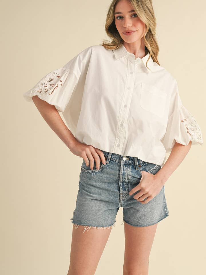 &MERCI - Wholesale Button Down Shirt - Women's - CUT OUT EMBROIDERED BUBBLE SLEEVE TOP MTP3835