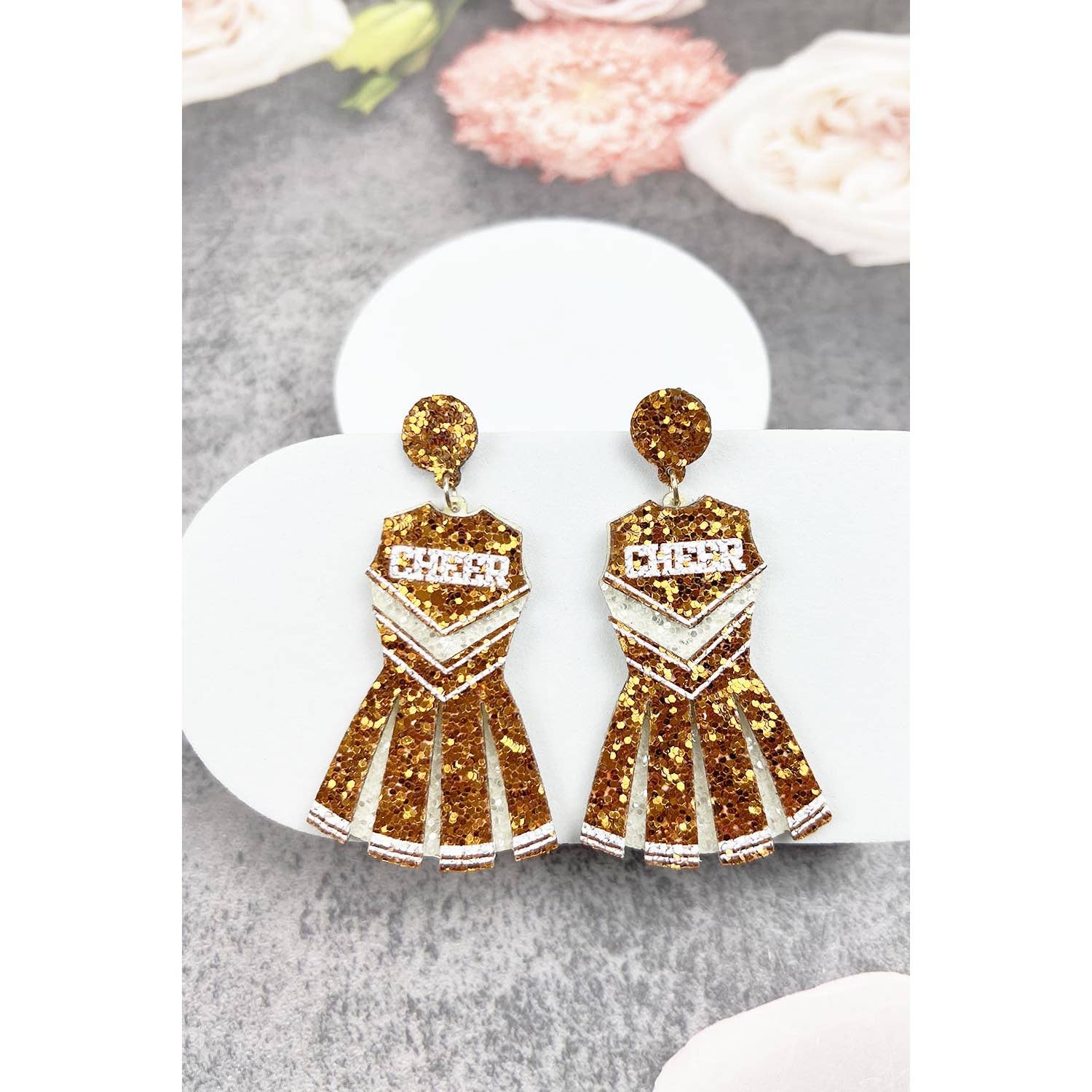 JHP Collection - Wholesale Dangle Earrings - GLITTER CHEERLEADER UNIFORM DROP POST EARRING9