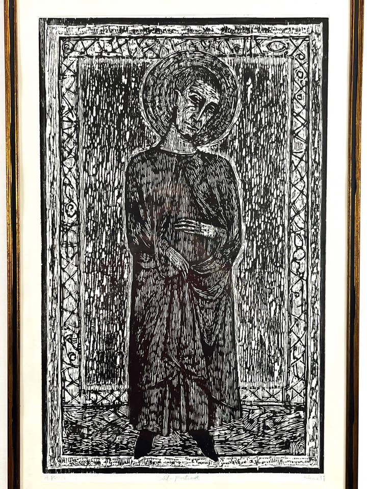 Zelfportret als heilige. Houtsnede. 19" x 28,5". Zeldzame druk in één editie. Kunstwerk van John Kline voor wholesale door John Kline Artwork