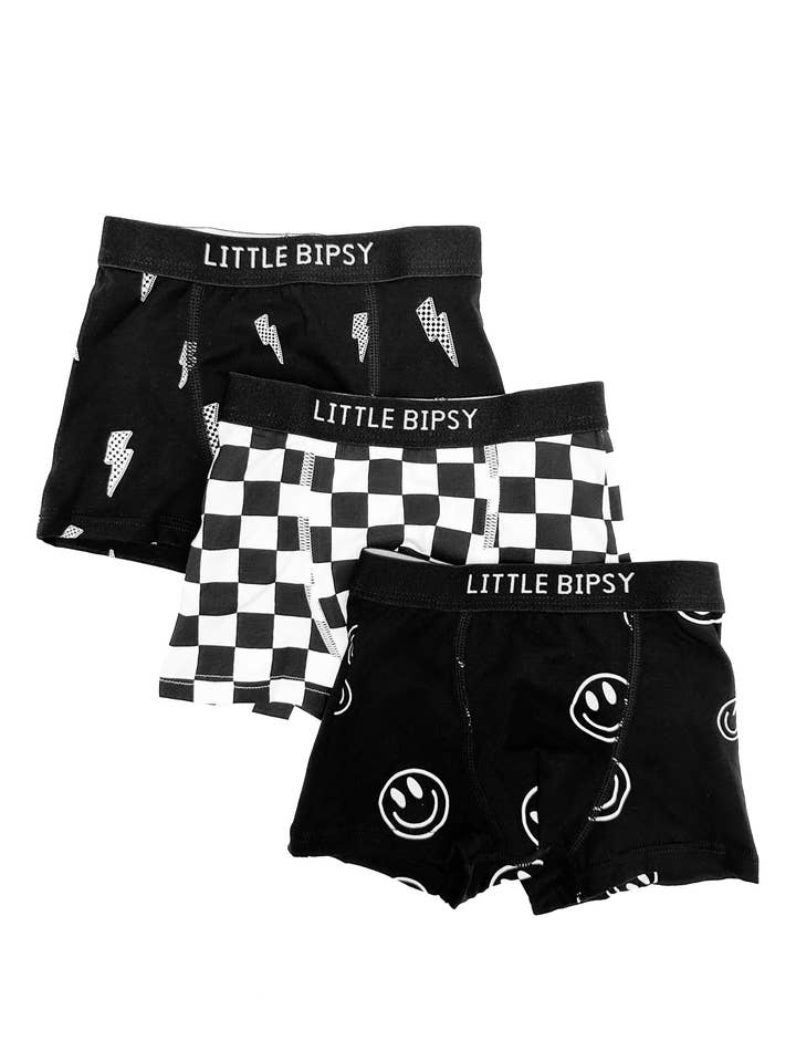 Boxer Brief 3-Pack - Smiley, Checkered, Lightening Bolt for wholesale by Little Bipsy