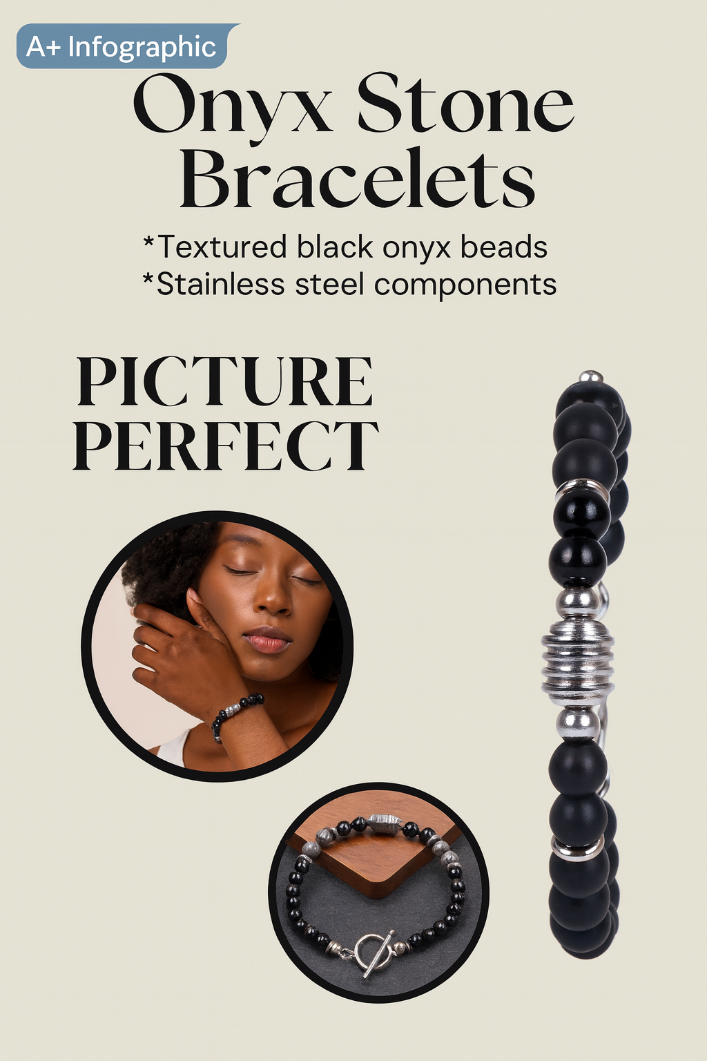 Gemscape UK – wholesale Jewellery – Men's – Men’s Matte Black Beaded Bracelet Stainless Steel Accent6