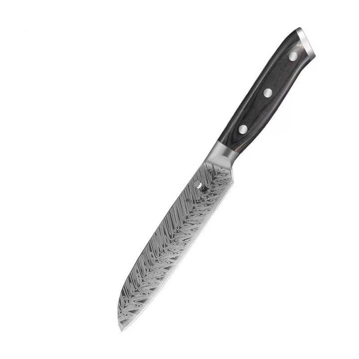 Couteau Santoku japonais Laser Damascus de 5 po - Manche en bois Pakka pour la vente par Mister Angry Chef LLC