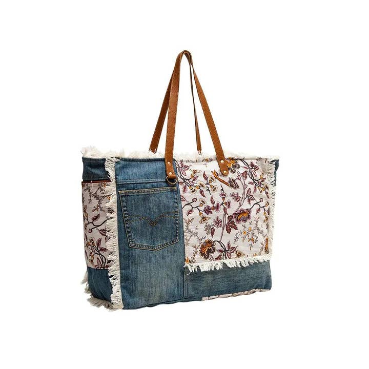 Texas Western Cowhide Bags and More - Wholesale Weekender Bag - Women's - Floral and Denim Weekender Travel Bag Myra